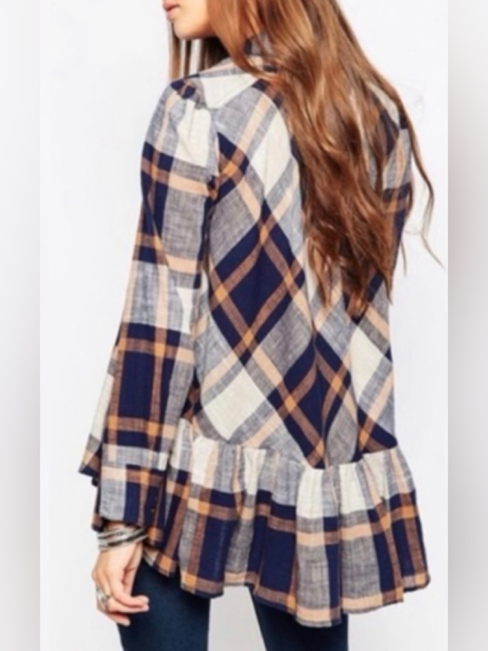 Free People Navy & Tan Plaid Peplum Tunic Top S
